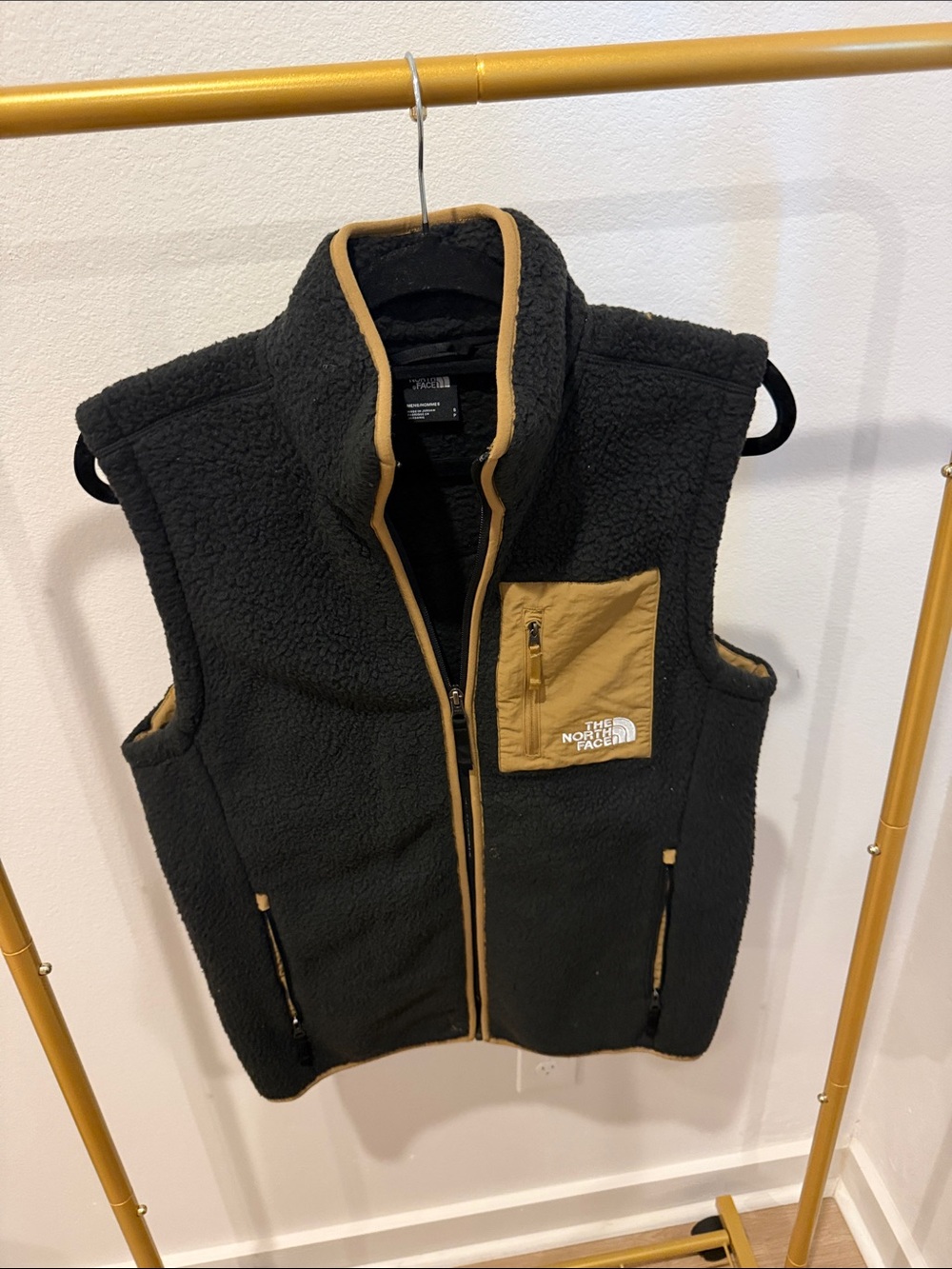 The North Face Black Sherpa Vest with Tan Chest Pocket